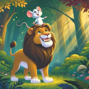 the mouse standing on the lion's back, both looking very happy