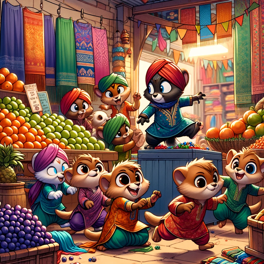 anthropomorphic animal children causing mischief in an Indian market, full of color and playful chaos.
