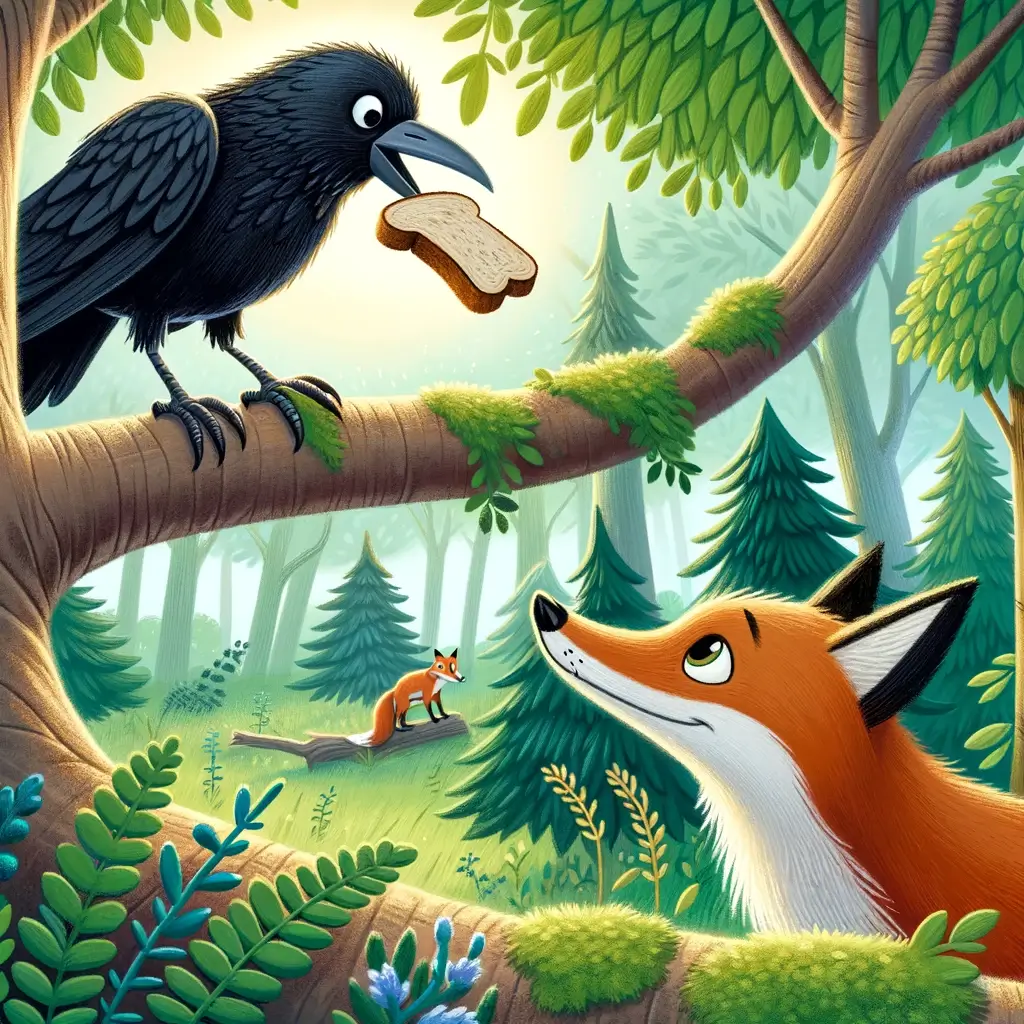 a crow perched on a tree branch, holding a piece of bread in its beak. Below the tree, a fox looks up