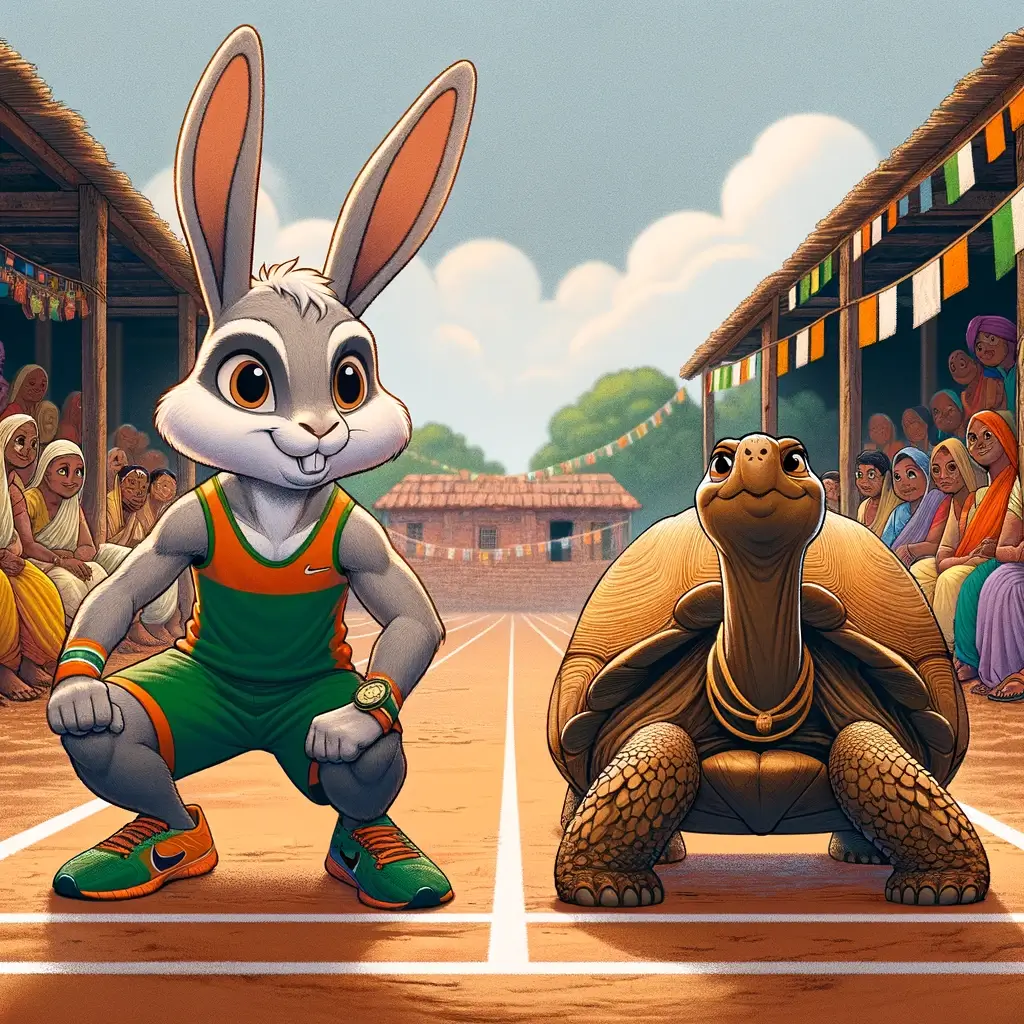 rabbit and tortoise ready to start their race, with an excited crowd of other animals watching in anticipation. (1)