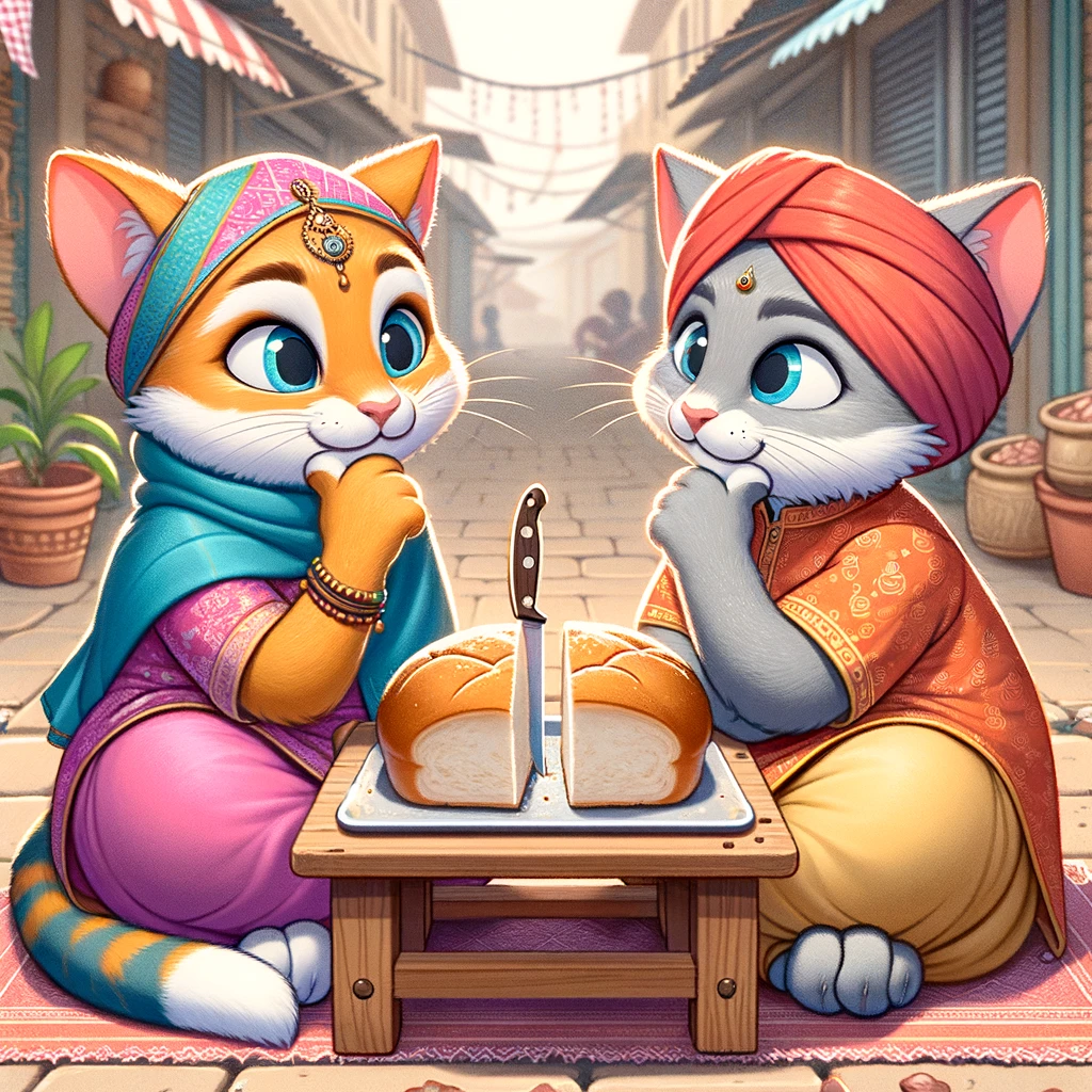 Here are two cat characters in India, discussing how to divide a piece of bread.