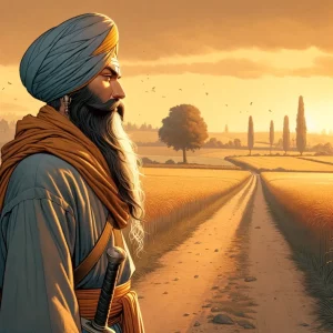 Here is character Sikh guru, walking on a rural path. (1)