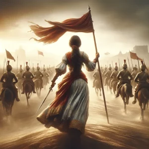 Here show the back view of a fictional Indian female warrior leading a charge for freedom, inspired by the style of the 1800s. (1)