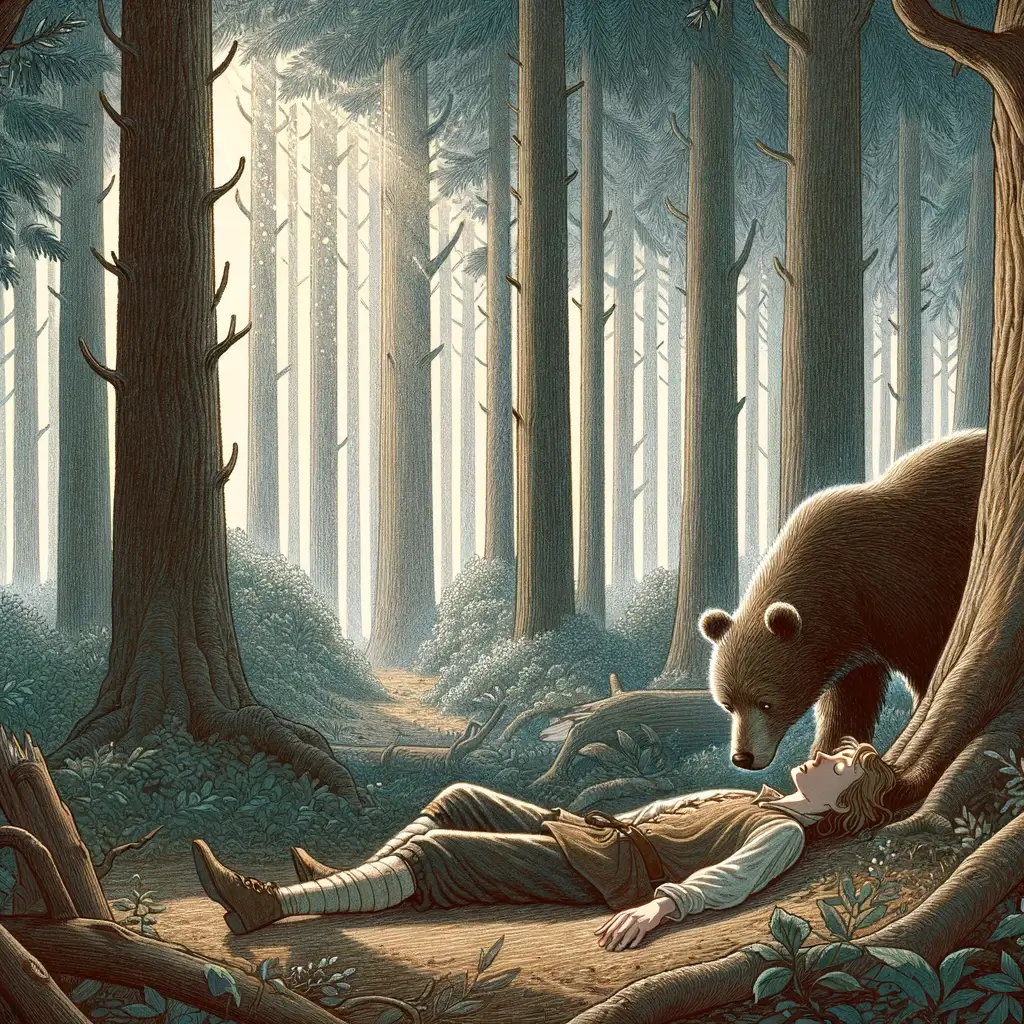 a dense forest where a person is lying on the ground, pretending to be dead, with a bear gently sniffing the person's ear