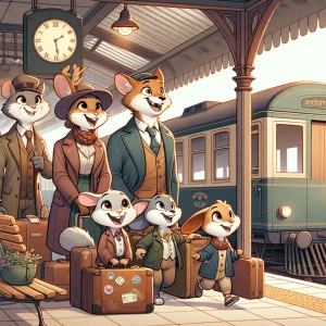 a family excitedly waiting to board a train for a trip