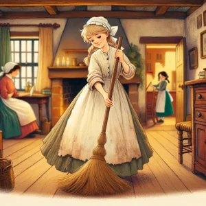 beautiful women in tattered, plain clothing, diligently sweeping the floor of a cozy, old-fashioned house