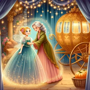 magical transformation scene where a fairy godmother is bestowing a beautiful dress upon a young girl, with a golden pumpkin carriage in 