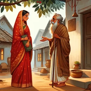 scene set in a small Indian village, where a wise figure is asking a question to a woman dressed in a red sari