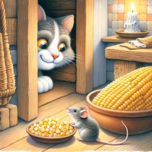 a cat stealthily watching the mouse as it enjoys the corn