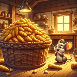 a mouse finds a large basket of corn in a room