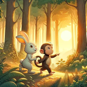 a rabbit leading a monkey around the entirety of a forest