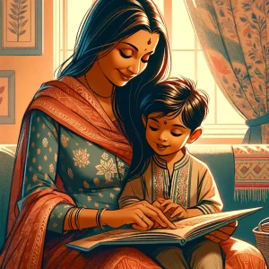 an Indian mother holding her child and reading a story together (1)