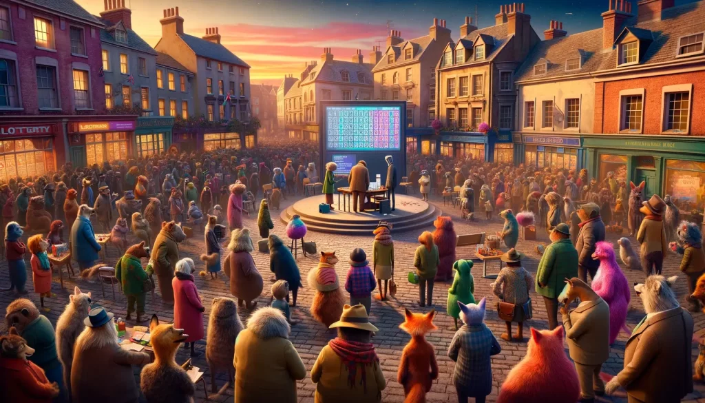 a small town where all kinds of anthropomorphic animals gather in the town square, eagerly waiting for the lottery draw