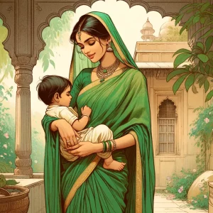 a woman in a green sari holding a child 
